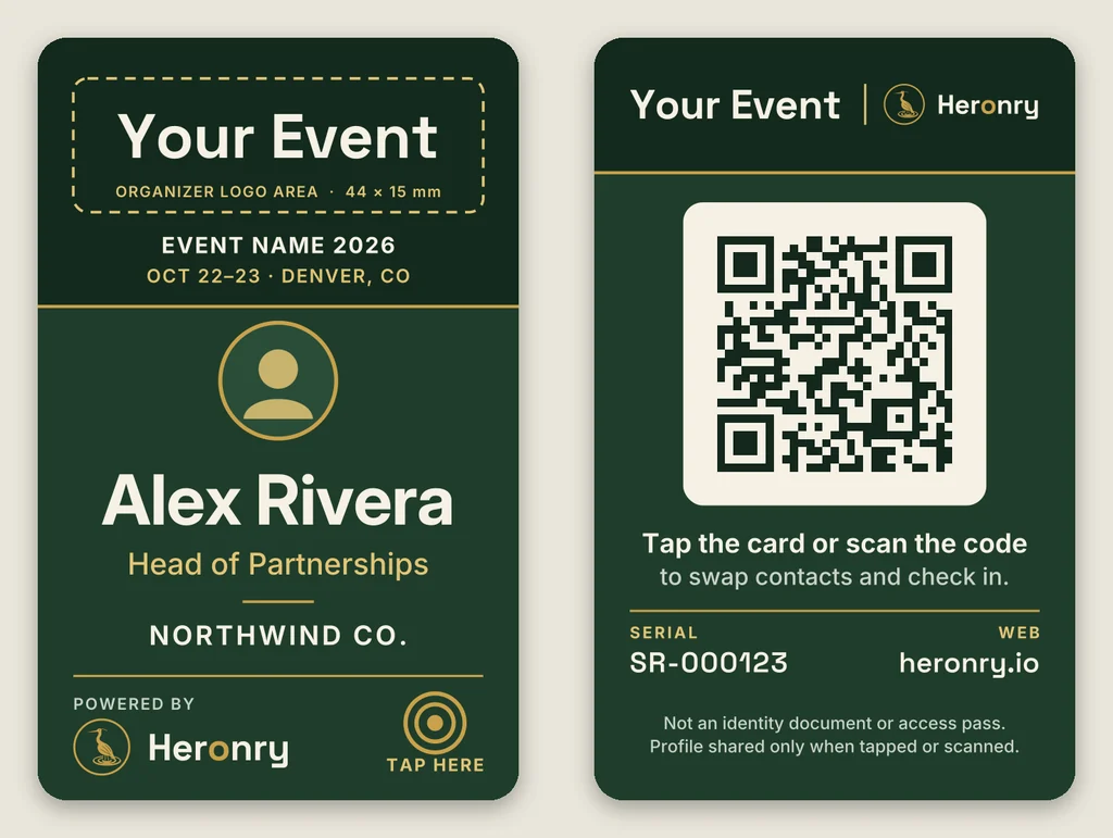 Co-branded Heronry badge, front and back: a Your Event logo area in the top band and Powered by Heronry in the footer (sample)