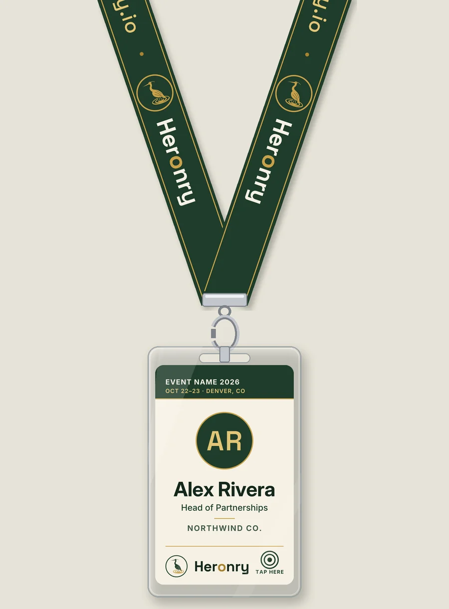Ivory Heronry badge in a clear case on a swamp-green Heronry lanyard (illustration)